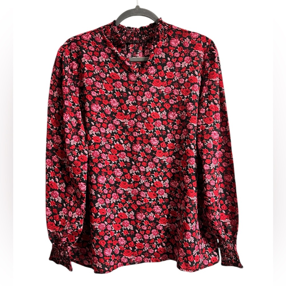 Unbranded Women’s Floral V-Neck Blouse with Red & Pink Floral on Black